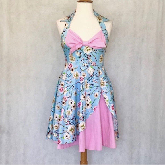 Rockabilly Halter Swing Floral Tea Cocktail Dress - Picture 2 of 8